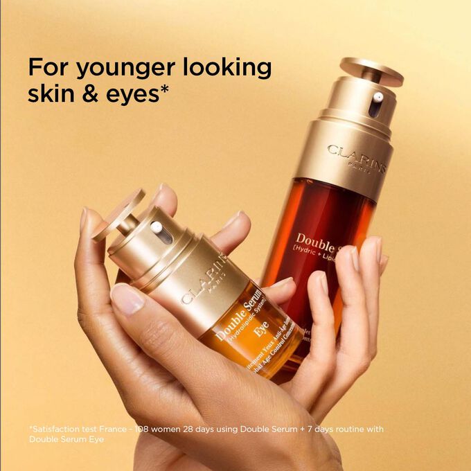 Double Serum and Double Serum Eye global anti-ageing duo on hand